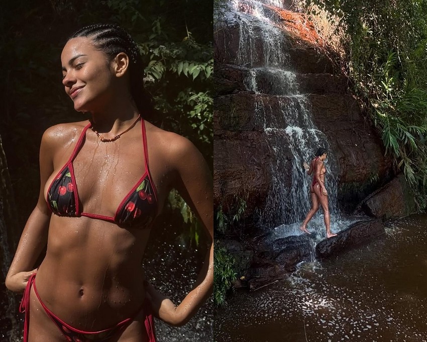 Bella Campos compartilha fotos de biquíni em meio à natureza